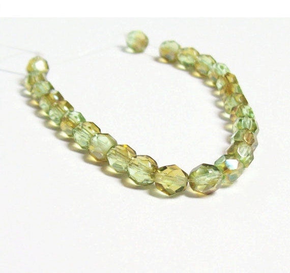 Czech Fire-Polished Glass Faceted Round - 6mm - Peridot Celsian - 20 Beads