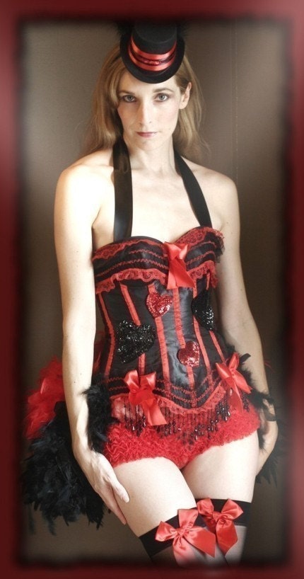 QUEEN OF HEARTS Burlesque Corset Costume Red Black - Everything Included