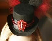 Gorgeous Black and Red Burlesque Mini Top Hat Fascinator with feathers