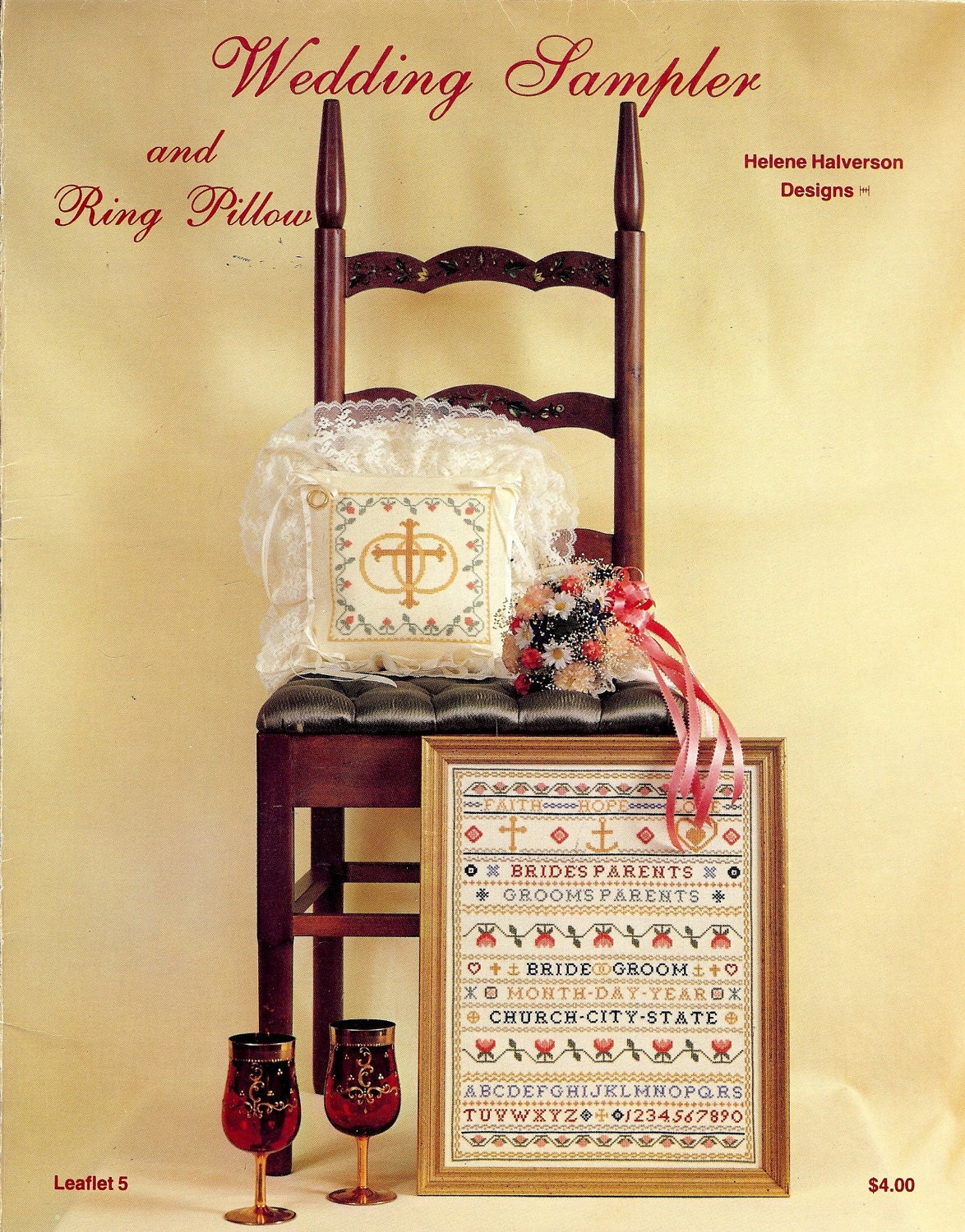 Wedding Sampler and Ring Pillow, Vintage Cross Stitch Pattern from Helen Halverson Designs, 1982