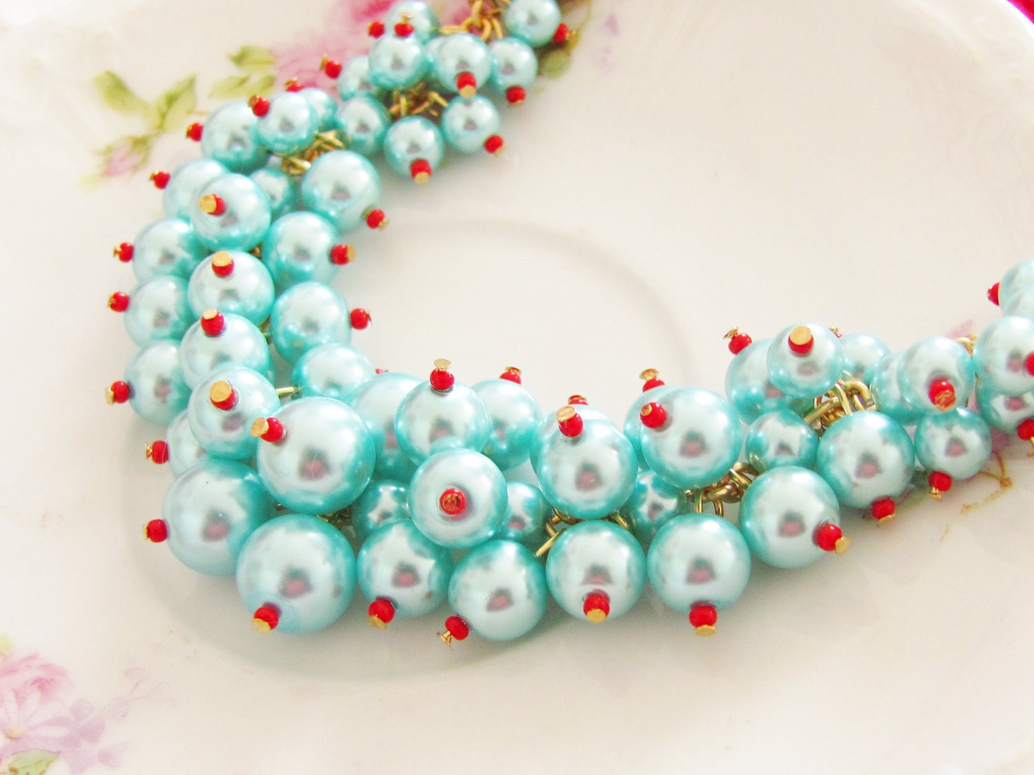 Aqua Blue Glass Pearl Cluster Necklace with Cherry Red Accents