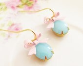 Pink Bow Earrings Vintage Aqua Blue Jewel Gold Plated French Earwire