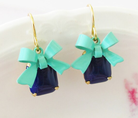 Turquoise Bow Earrings - Navy Blue Vintage Glass Jewel and Turquoise Enamel Bow Dangle Earrings - Preppy, Wedding, Bridal, Bridesmaid