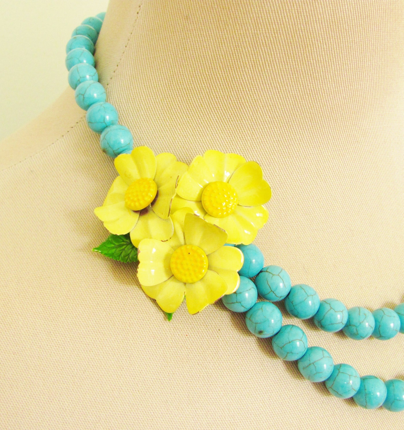 Vintage Enamel Flower Necklace Bright Sunny Yellow Flower Cluster Asymmetrical Double Strand Turquoise Howlite Statement Necklace OOAK