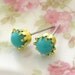Vintage Round Turquoise Glass Jewels Set in Tiffany Brass Setting Post Earrings