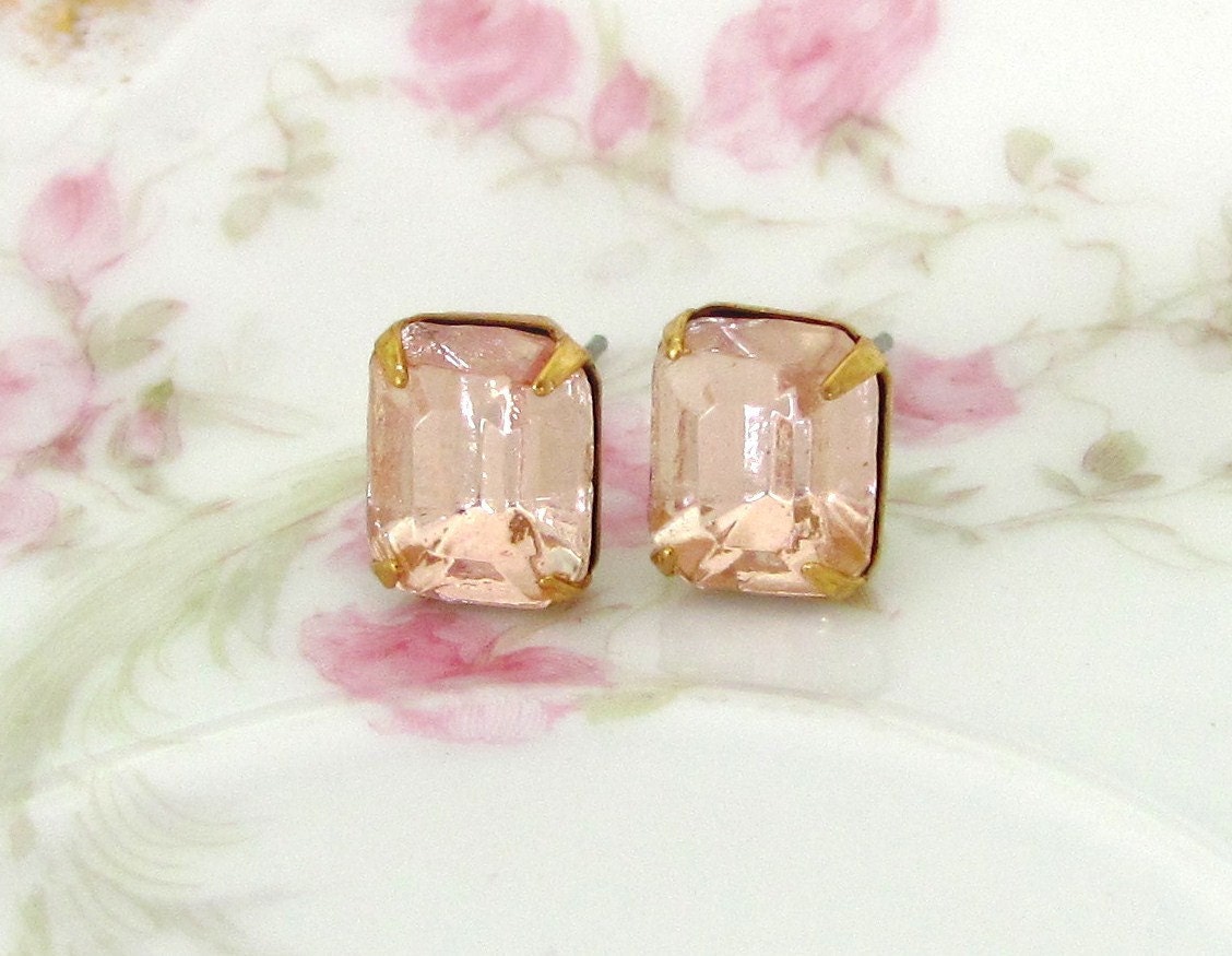 Pale Pink Rhinestone Earrings - Vintage Glass Rhinestone Post Earrings - Bridesmaid, Wedding, Bridal