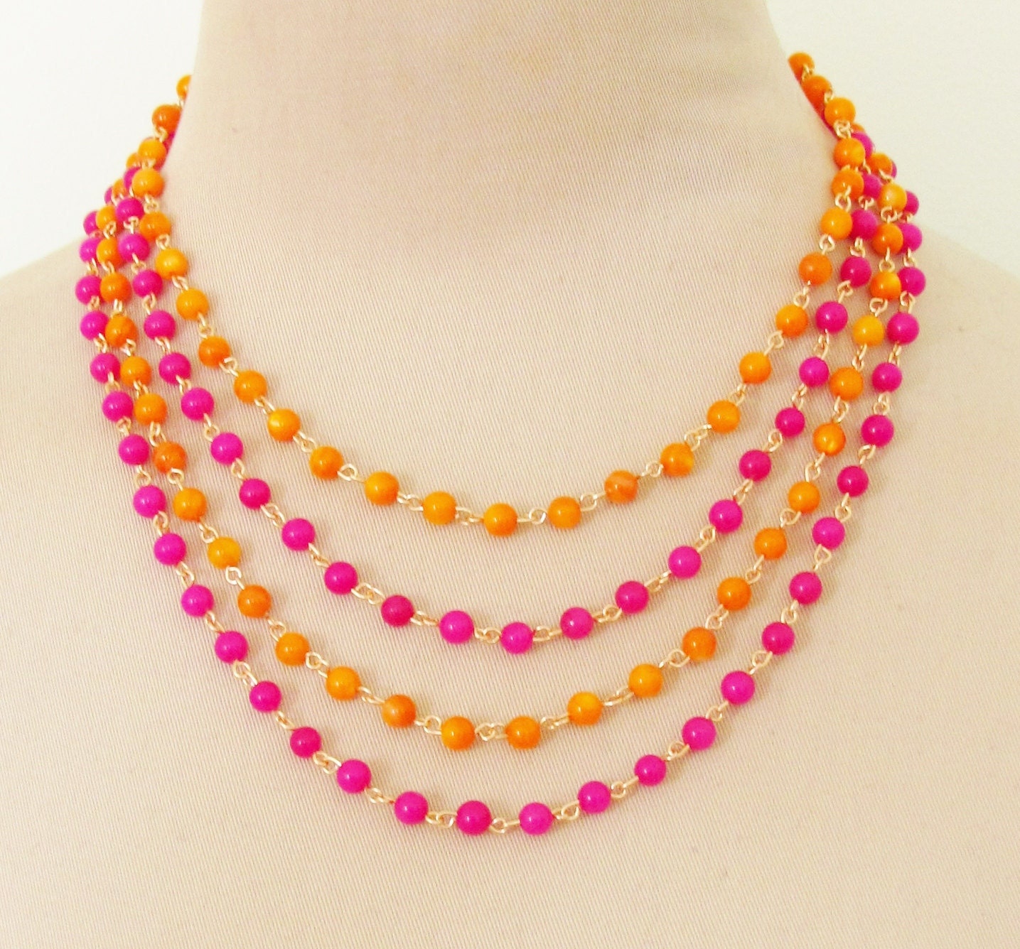 Tangerine Orange and Fuschia Pink Multi Chain Beaded Statement Necklace