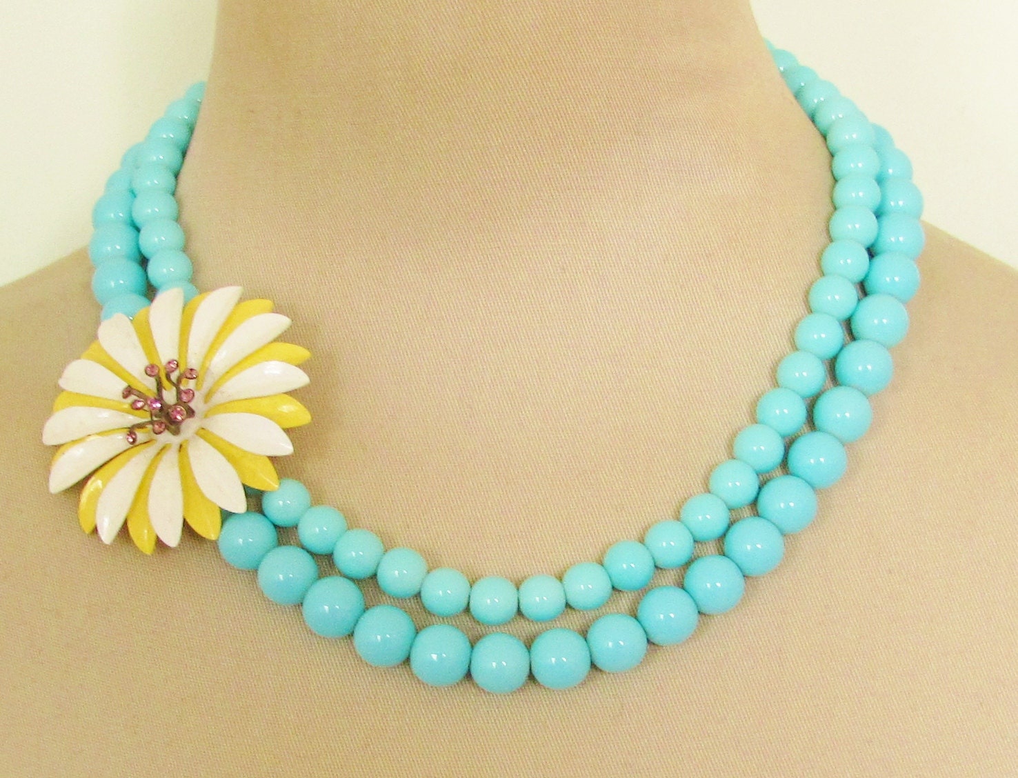Vintage Yellow and White Enamel Daisy Flower Lavender Rhinestone Center Asymmetrical Double Strand Aqua Blue Glass Bead Statement Necklace