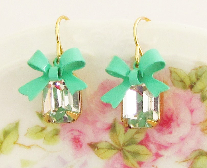 Vintage Crystal Clear Rhinestone and Turquoise Enamel Bow Dangle Earrings
