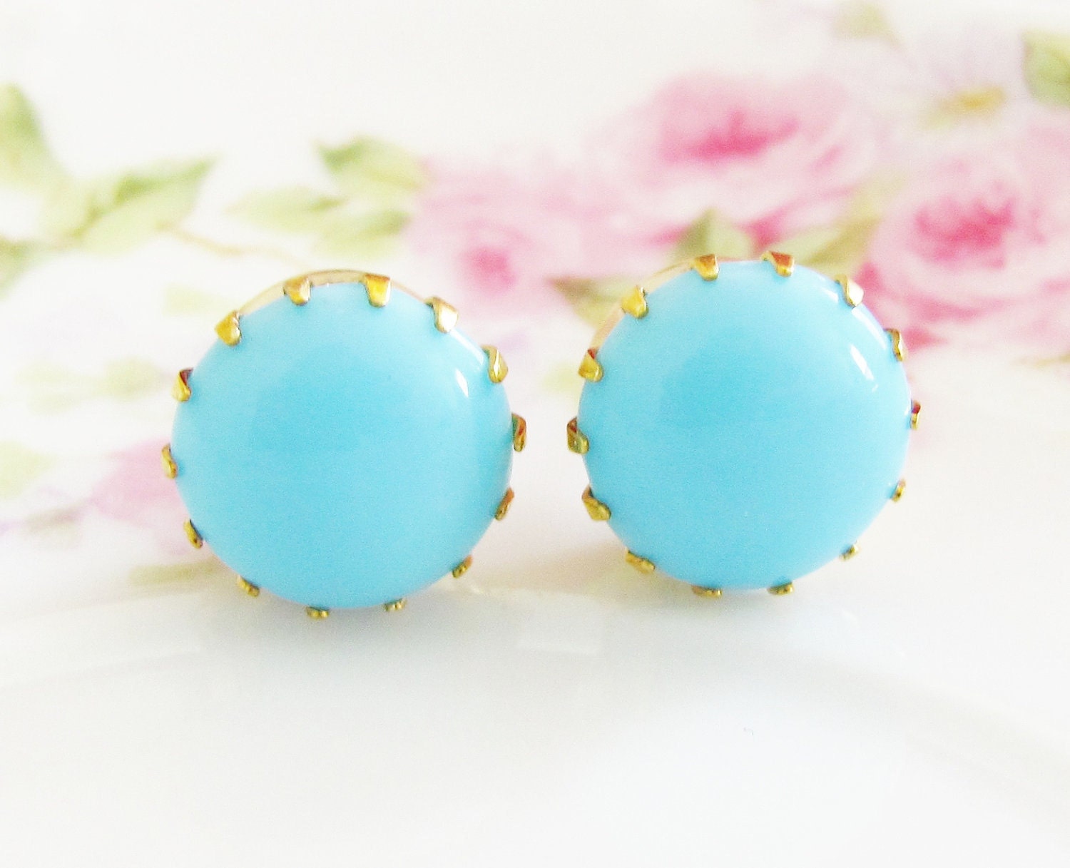 Chunky Aqua Blue Vintage Glass Jewel in Tiffany Brass Setting Surgical Steel Post Earrings, Wedding, Bridal, Bridesmaid, Preppy