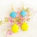 Vintage Lemon Yellow Oval Turquoise Blue Jewel Glamour Earrings
