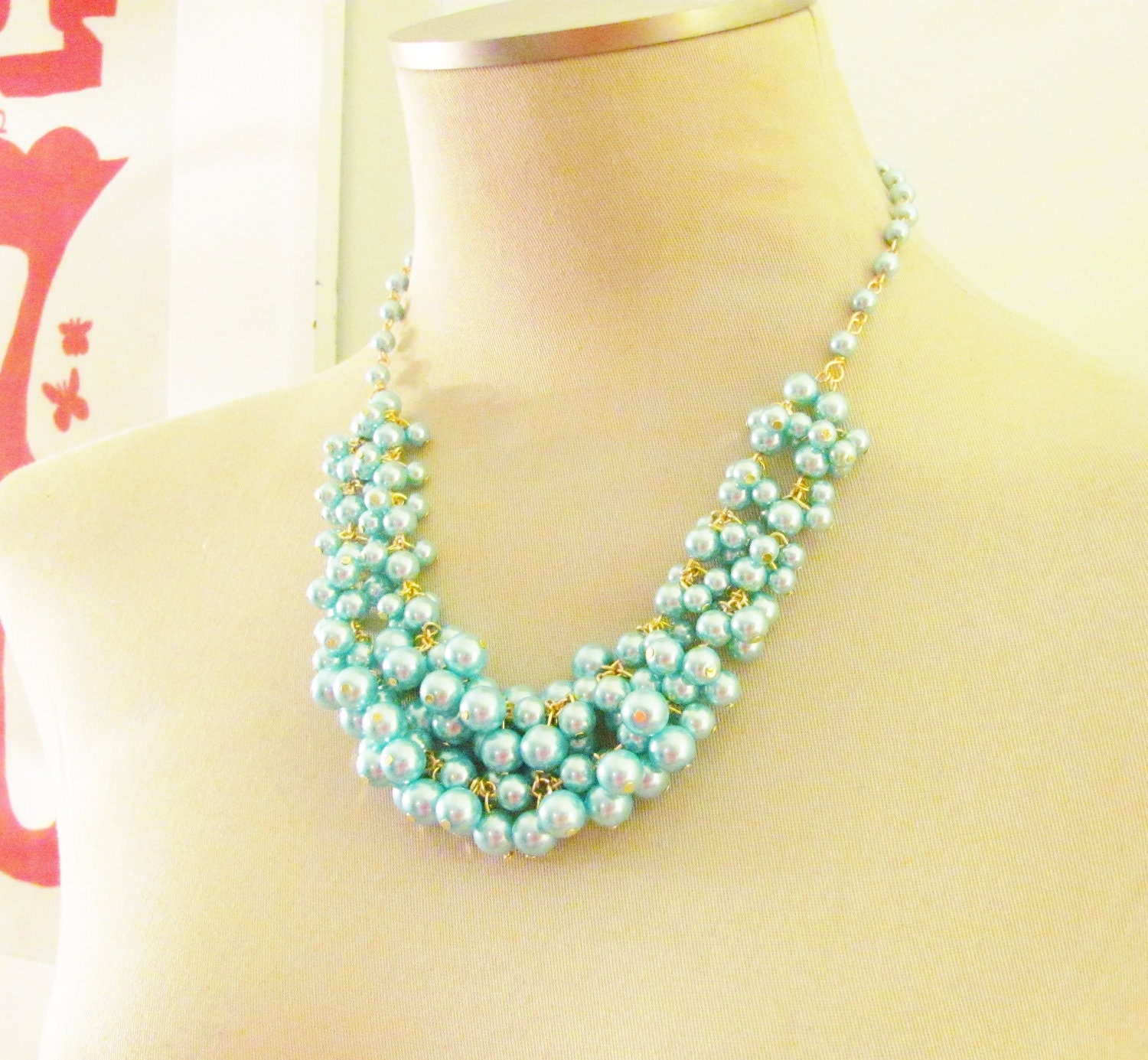 Aqua Blue Glass Pearl Cluster Statement Beaded Bib Necklace Hand Wired