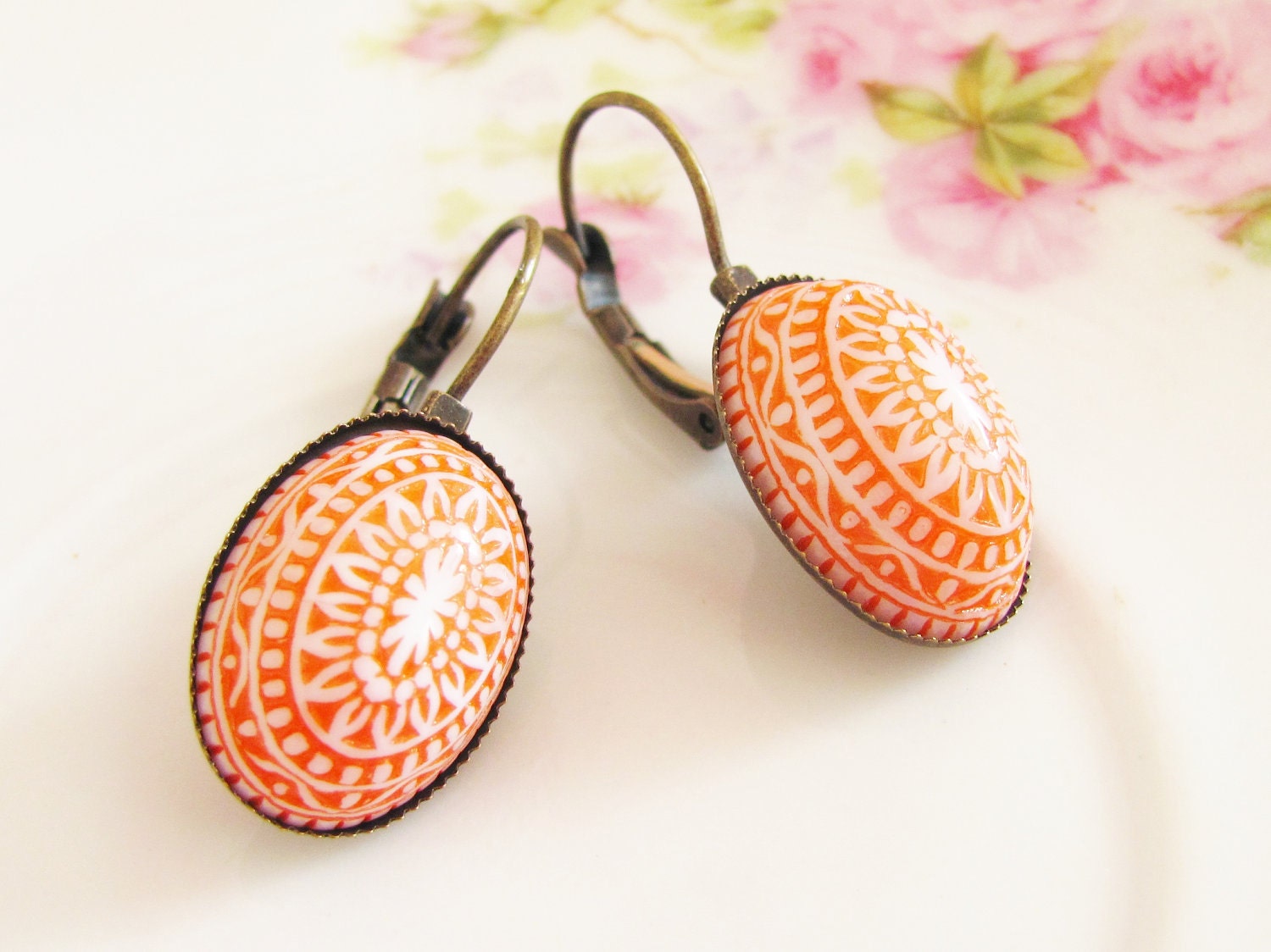 Tangerine Orange Mosaic Earrings -Vintage Tangerine Orange and White Mosaic Bohemian Antique Brass Earring Drop Dangles