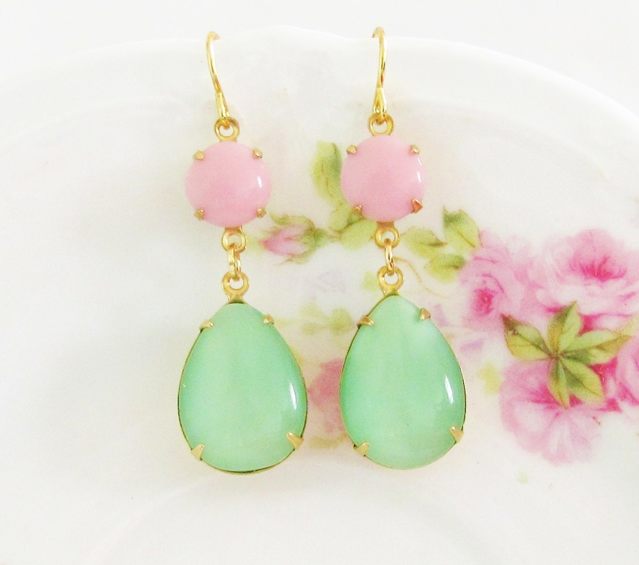 Mint Green Pink Earrings Vintage Teardrop Moonstone and Round Pink Glass Jewel Glamour Dangle Earrings
