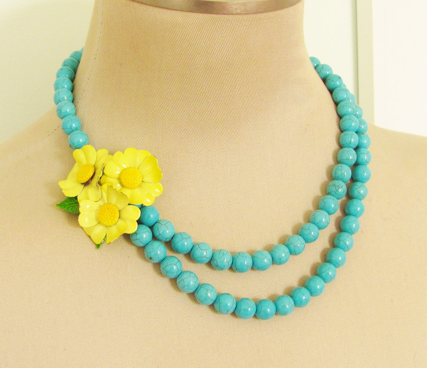 Vintage Enamel Flower Necklace Bright Sunny Yellow Flower Cluster Asymmetrical Double Strand Turquoise Howlite Statement Necklace OOAK
