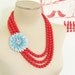Vintage Enamel Flower Necklace Aqua Blue Flower Asymmetrical Triple Strand Cherry Red Beaded Statement Necklace OOAK