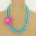 Vintage Enamel Flower Necklace Hot Fuchsia Pink Daisy Double Strand Turquoise Howlite Beaded Statement Necklace OOAK Neon