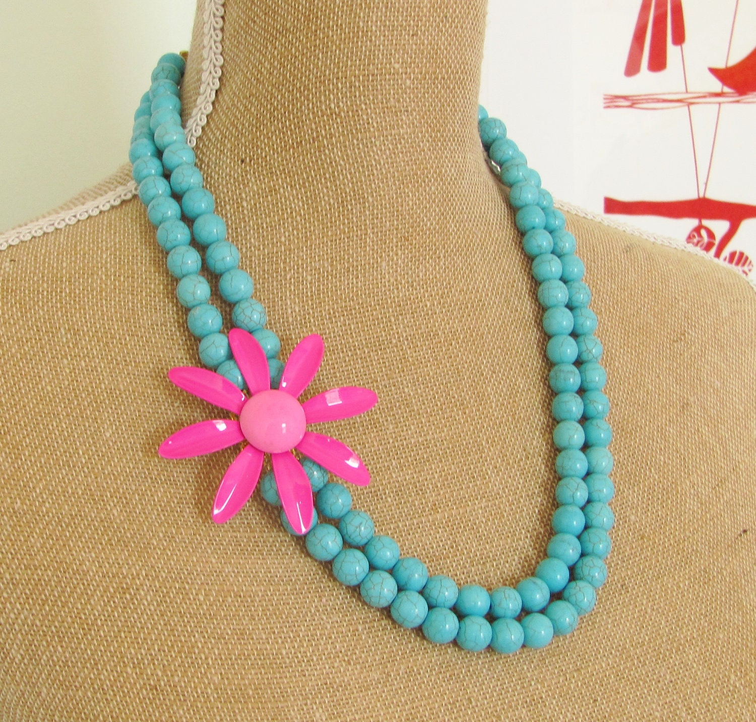 Vintage Enamel Flower Necklace Hot Fuchsia Pink Daisy Double Strand Turquoise Howlite Beaded Statement Necklace OOAK Neon