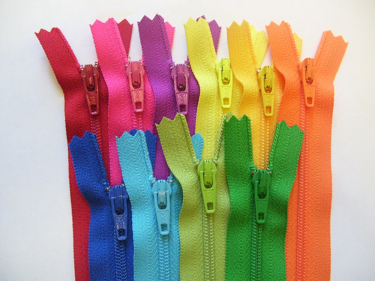 5 inch Zippers - 10 zipper assortment - royal blue, aqua, kiwi, lime green, orange, sunflower, bright yellow, purple fuchsia, hot pink, red