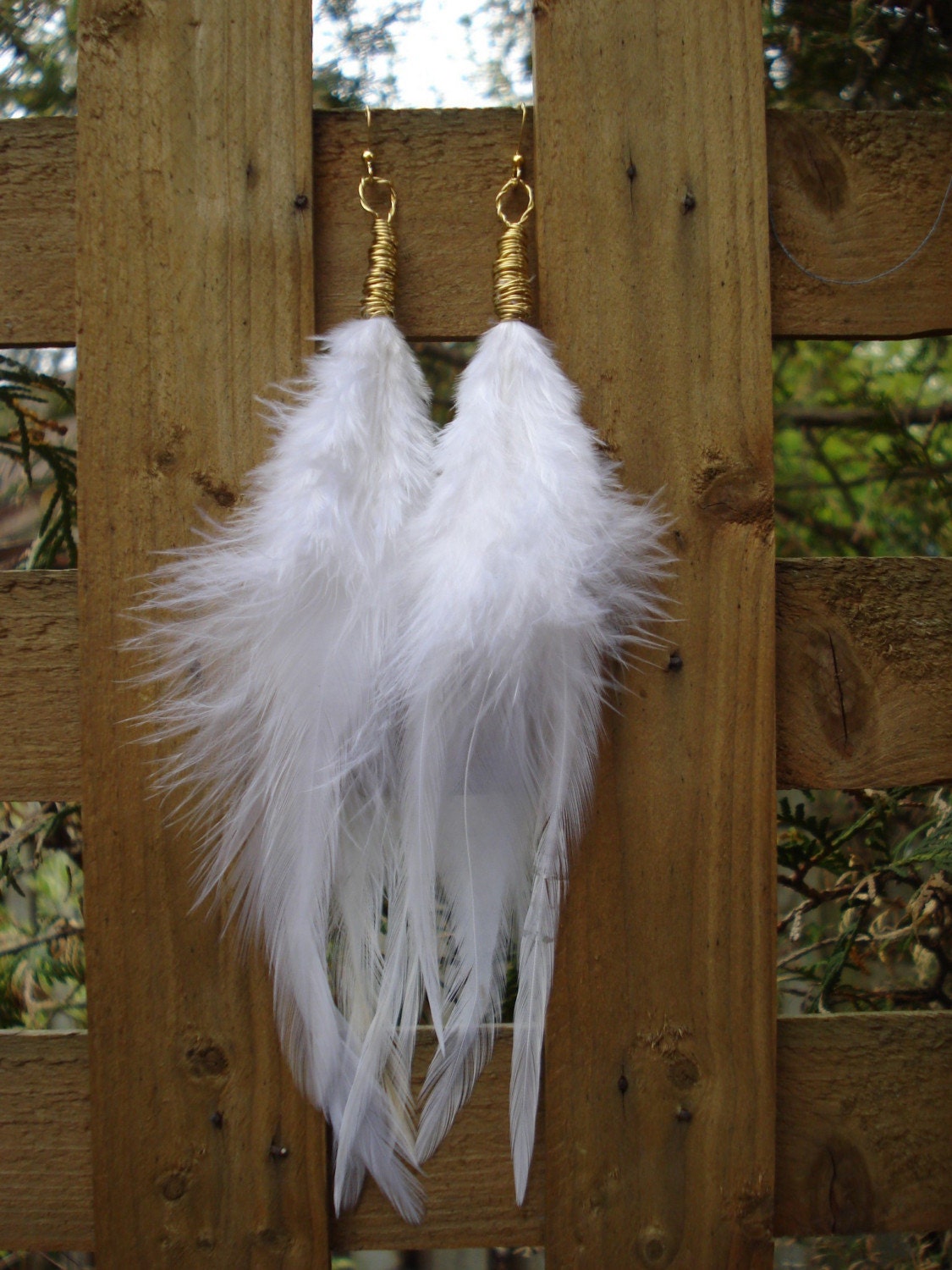 White Feather Earrings, Gold, Wire Wrapped, Bohemian