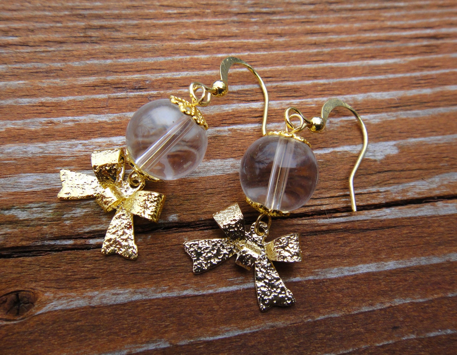 Gold Bow Earrings, Gold plated, Kawaii Inspired Earrings,