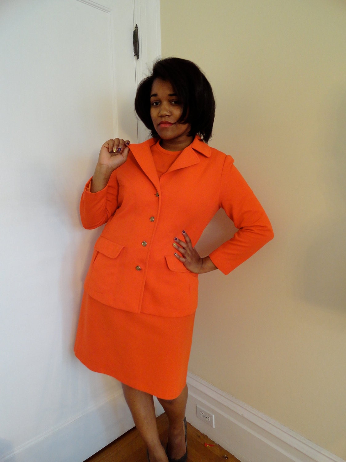 VIntage Authentic 1960's Orange Bank Teller Flight Attendant Jacket and Dress Suit Uniform (sz 12 14)
