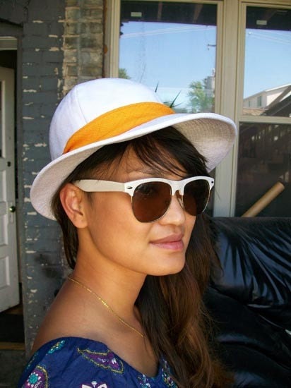 Vintage Womens 1960's White Canvas Sun Hat With Orange band and Original Marshall Fields The French Room Hat Box / RESORT HAT