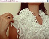 ON SALE 15% Discount Curly Pompom Crochet White Long scarf neckwarmer cowl With white MetallicYarn