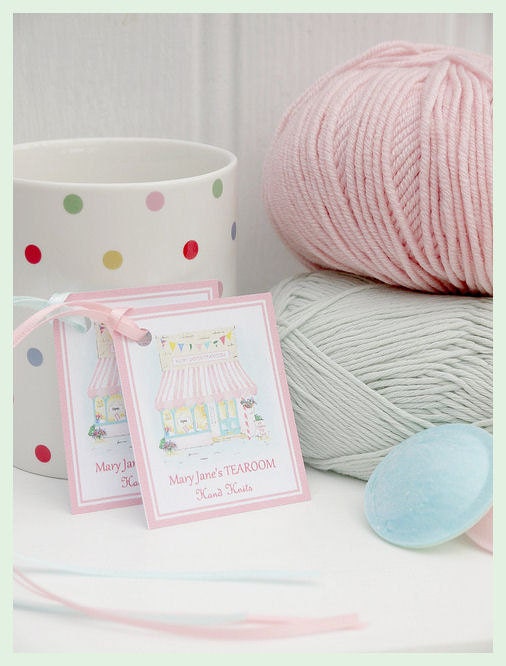 MJT Handmade Gift Tags x 4 / MJT Toy Knitting Patterns/ Plaster Pink/ Duck Egg Satin Ribbon/Tearoom Illustration