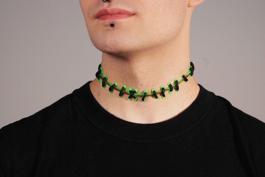 Frankenstein Zombie - Bright Green and Blood Monster stitches Choker Necklace -thin stitch