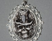 Zombie Skull Necklace - Creepy Skull Ghoul with Casket Motif Tophat Cameo