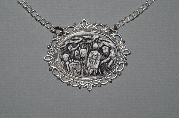 Gothic Cameo  Gift  Set  - Creepy Old  Victorian Cemetery Style Cameo Ring and Necklace Set