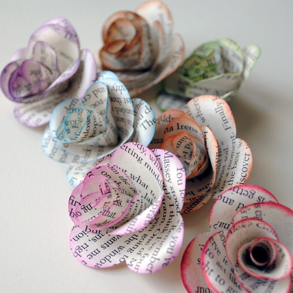12 Handmade Paper ROSES from REPURPOSED BOOK Pages