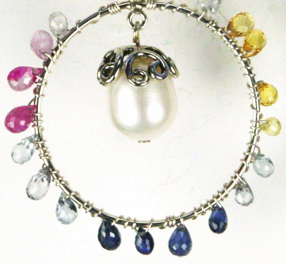 Hand-wrapped Sterling Silver Sapphires and Pearl Hoop Earrings