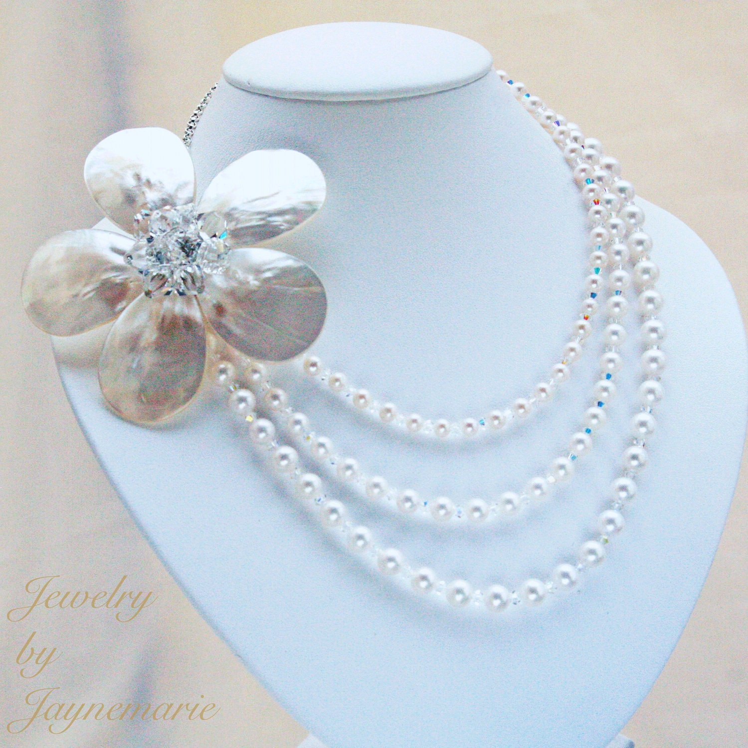 Pearl Necklace Three Strand White Sterling Silver MOP Flower Swarovski Crystals Convertible Wedding