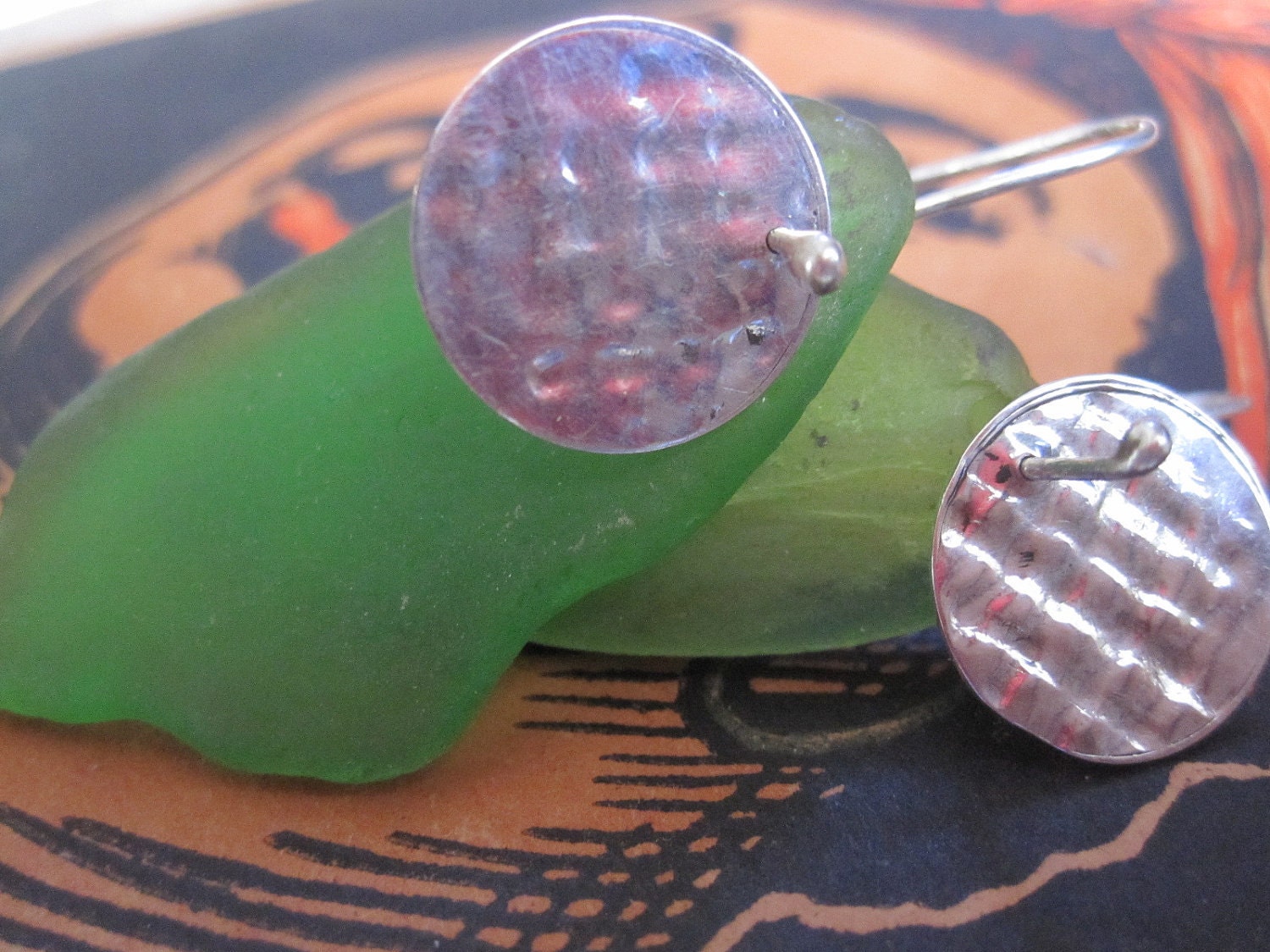 Emerald Seaglass Earrings with Textured Silver Accents Handmade etsy metal jewelry