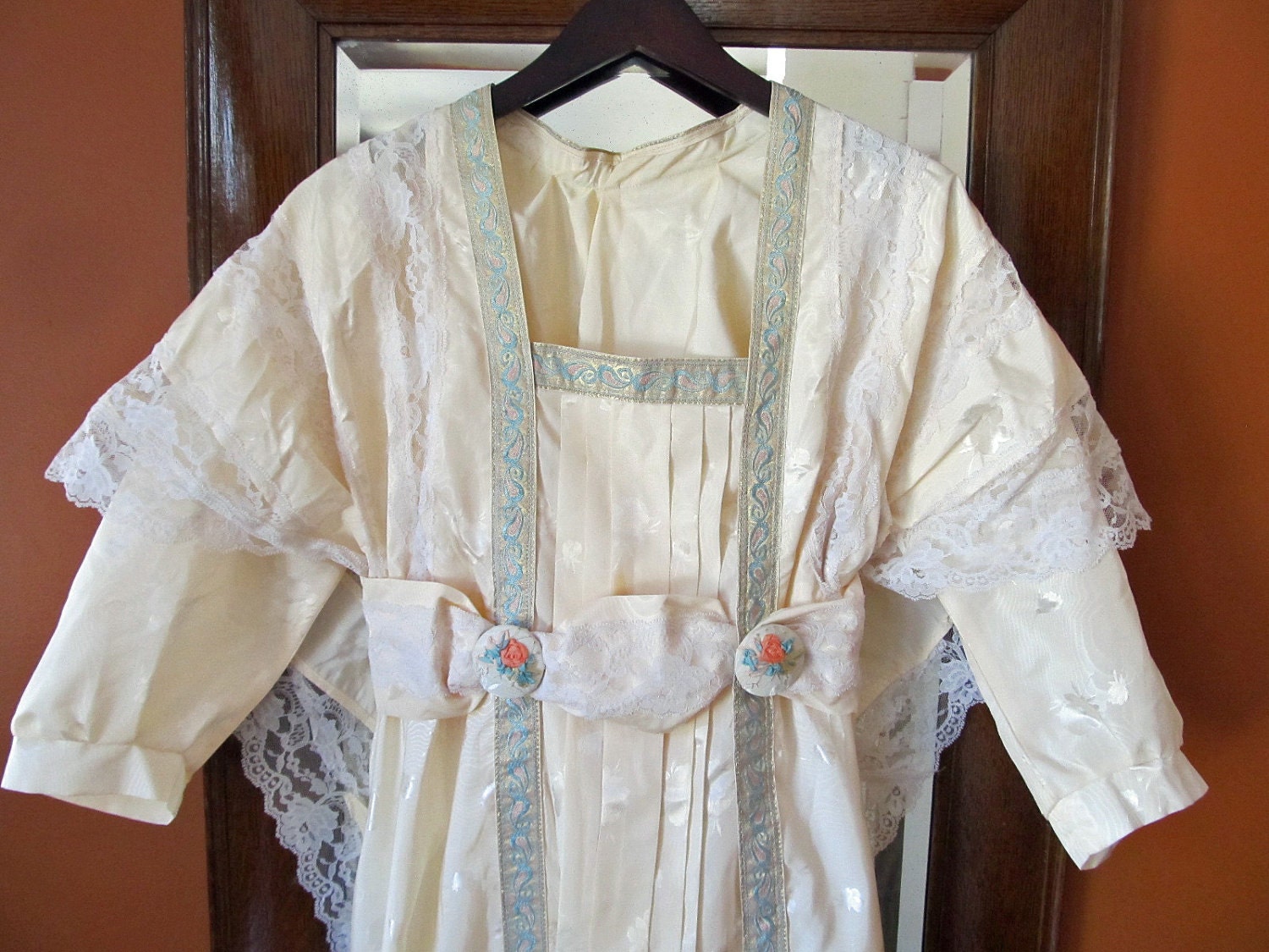 Reproduction Edwardian Era Evening Gown, Peach and Lace with Roses