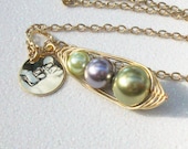 Customized Family Birthstone Pendant with Personalized Initial Disc - 2 or 3 Pearls, You Choose you Color, Initials and Metal