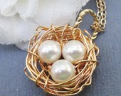 Gold Rustic Birds Nest Necklace - Gift for Mom, Bridesmaids or Valentine