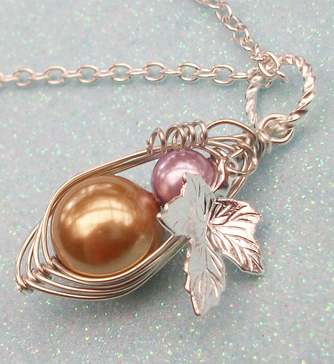 Hand Crafted Birthstone Mother and Baby Wire Wrapped Pearl Silver Pendant Necklace - CHOOSE YOUR COLOR