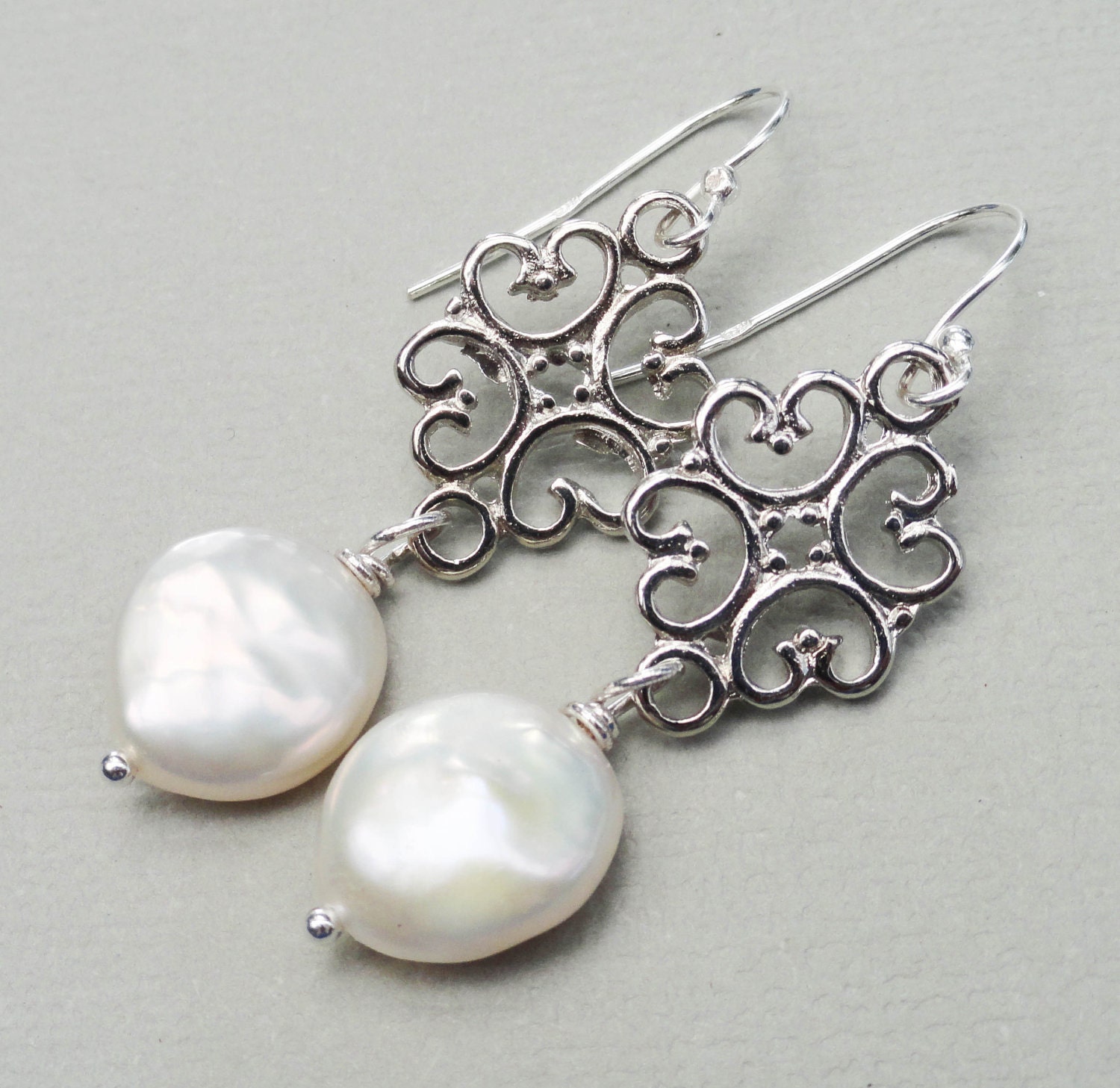 Large Coin Pearl Earrings Natural Freshwater Pearls.  Sterling Silver Brides Everyday Wear Special Occasion Wedding Jewelry