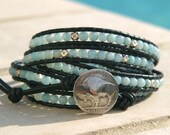 Beaded Leather Wrap Bracelet with Amazonite and Sterling Silver