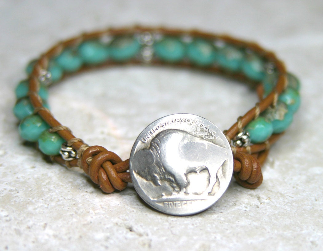 Beaded Leather Bracelet with Glass and Sterling Silver