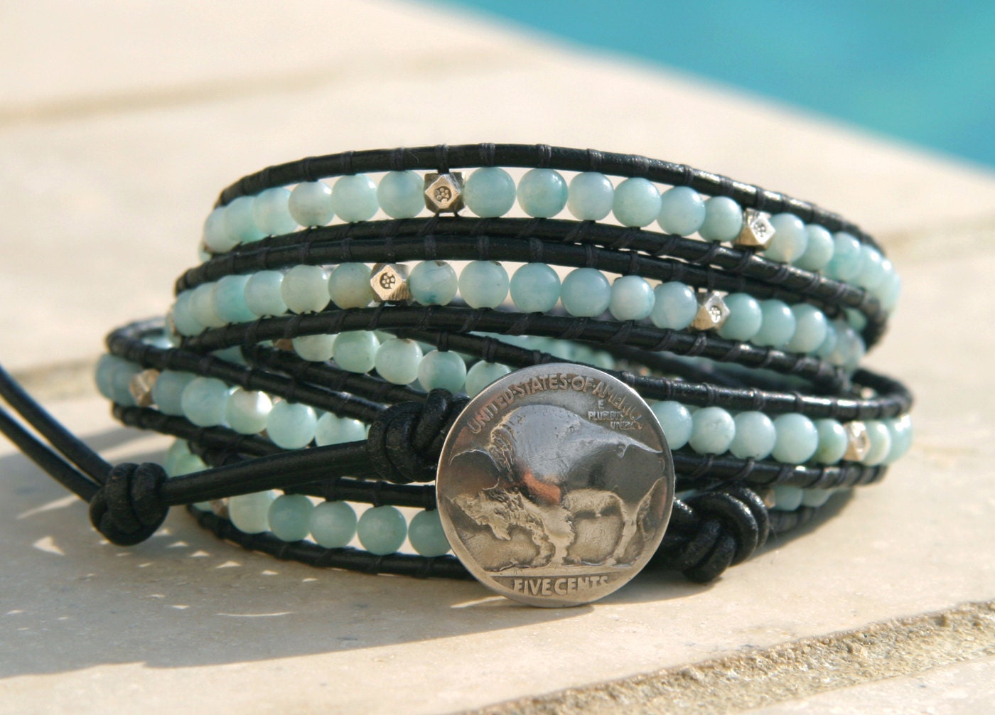 Beaded Leather Wrap Bracelet with Amazonite and Sterling Silver