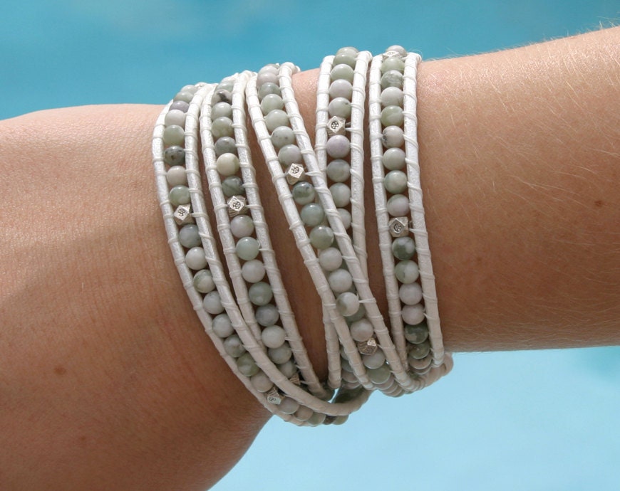 Beaded Leather Wrap Bracelet Peace Jasper and White Leather with Genuine Buffalo Nickel Button