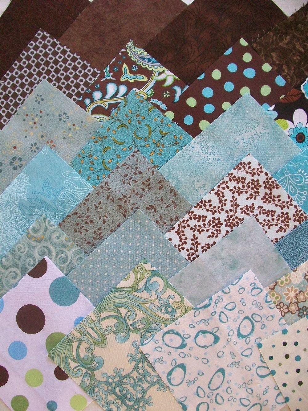 Aqua Blue and Chocolate Brown Fabric CHARM PACK-- 24 Different