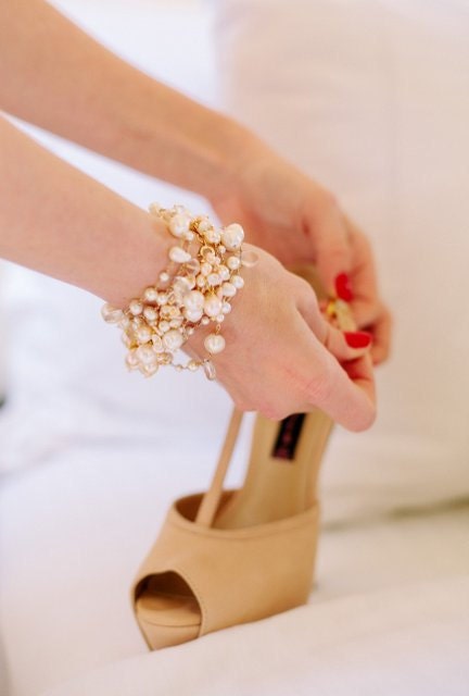 Bridal Jewelry, Wedding Jewelry, Cream Pearl Necklace Wirewrapped with Mystic Quartz Convertible Necklace and Bracelet