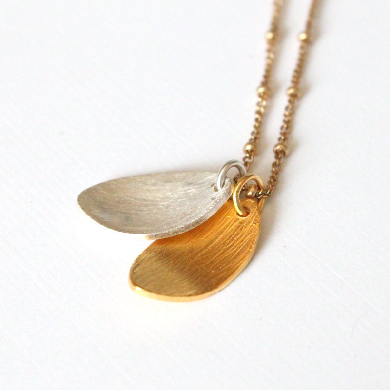 Mixed Metals Necklace Leaf Charms Brushed Sterling Silver Bali Charms on Goldfill Chain