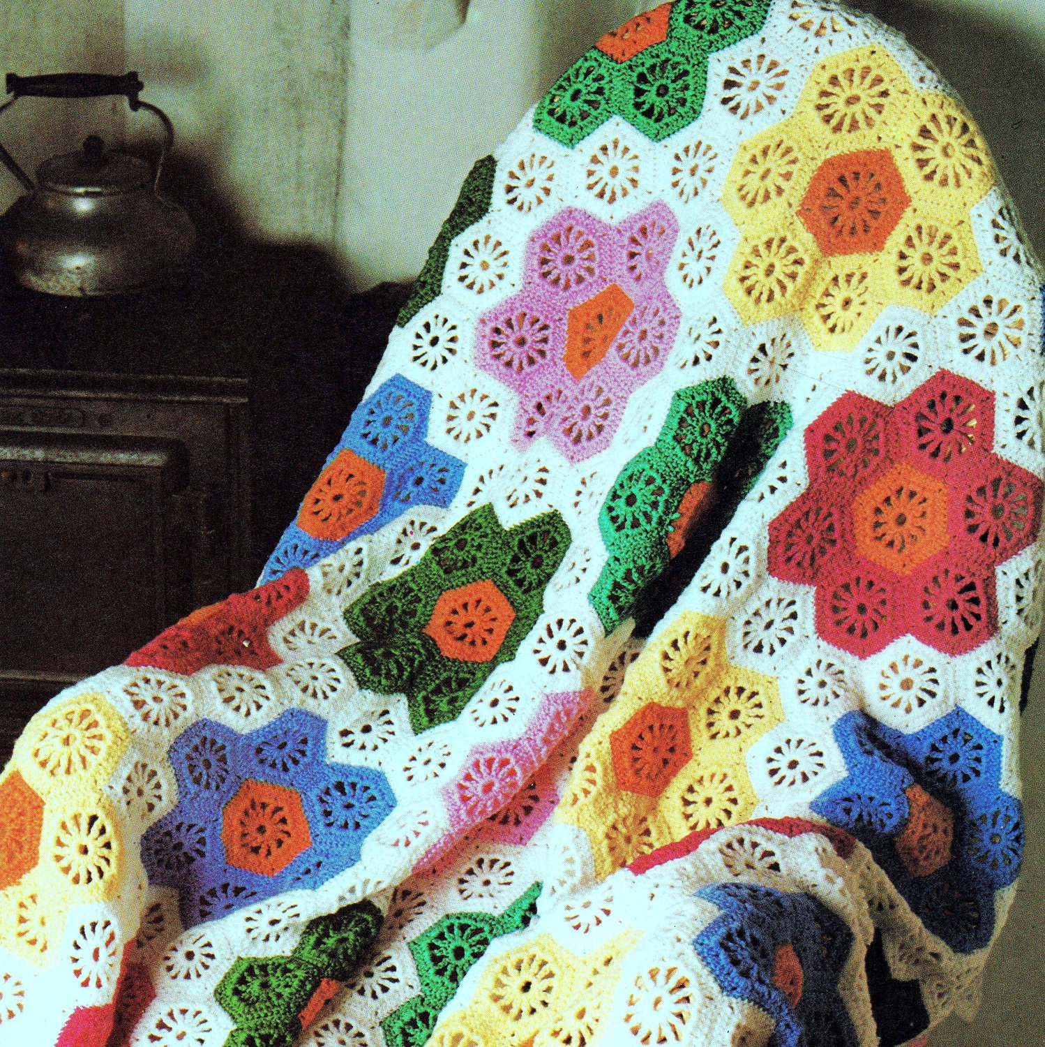 INSTANT DOWNLOAD PDF Vintage Crochet Pattern  for Flower Garden Afghan Throw Blanket Retro