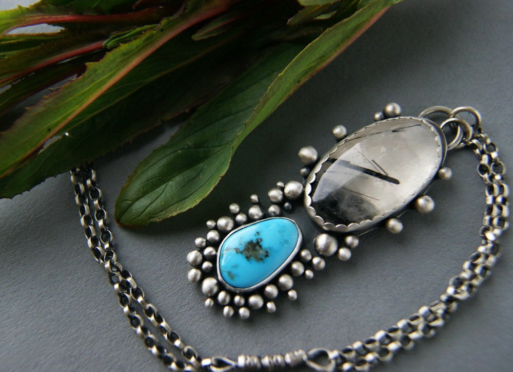 Reserved (Balance) - At the Heart of the Earth - Tourmalated Quartz and Turquoise Sterling Silver Necklace